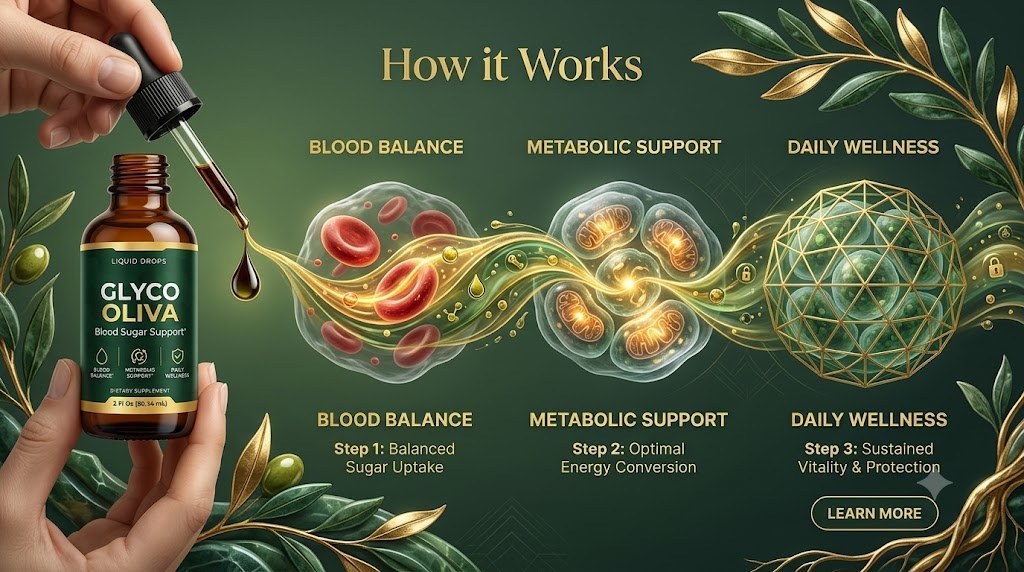 How GlycoOliva works: blood balance, metabolic support and daily wellness illustration